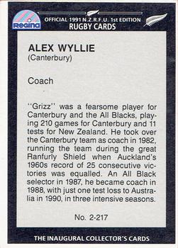 1991 Regina NZRFU 1st Edition #2 Alex Wyllie Back